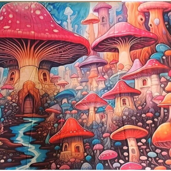 New Hidden Mushroom Village Tapestry Decor Wall Hanging Coverlet NIP Mushrooms - Picture 4 of 6